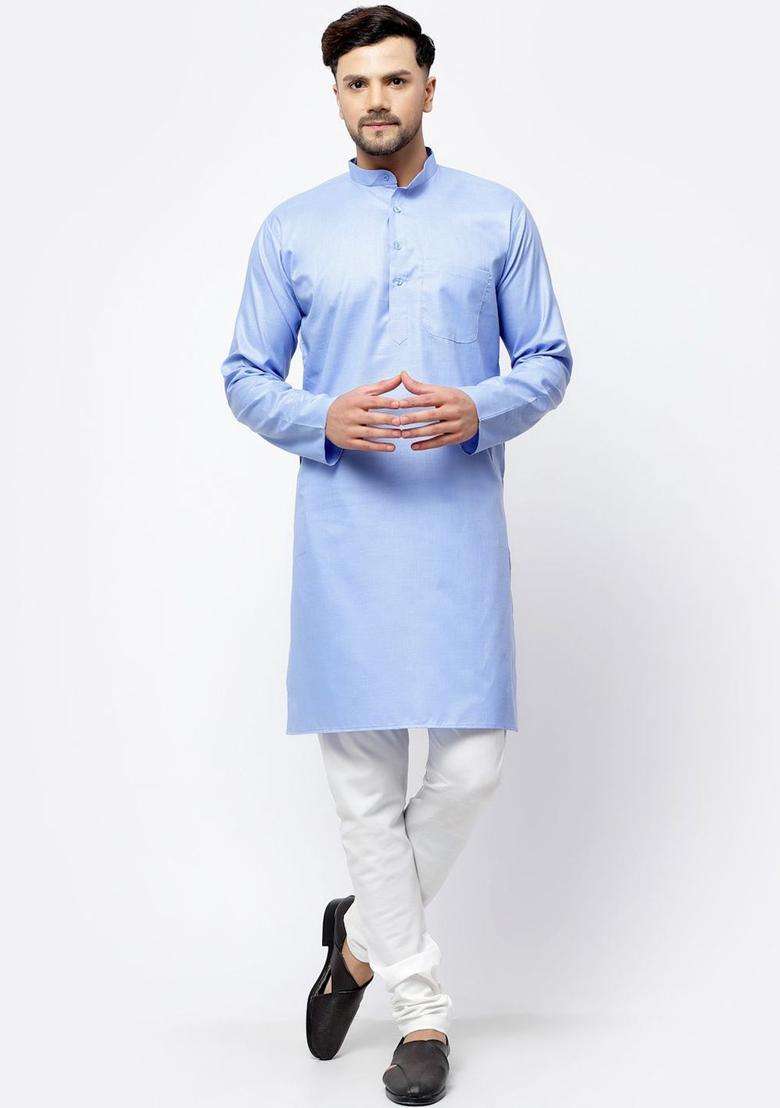 Blue Solid Cotton Kurta Set For Men - Indya