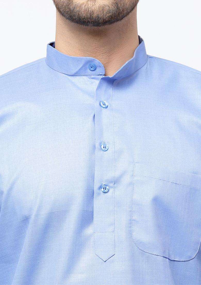 Blue Solid Cotton Kurta Set For Men - Indya
