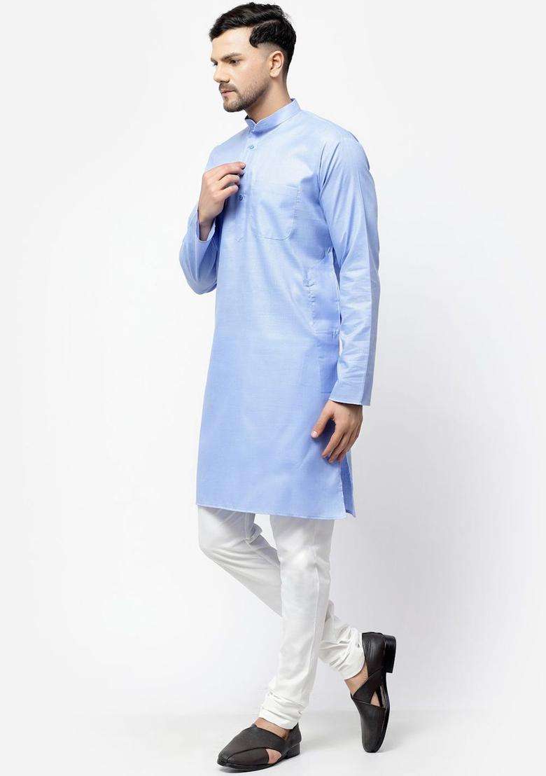 Blue Solid Cotton Kurta Set For Men - Indya