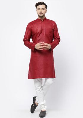 Maroon Solid Cotton Kurta Set For Men