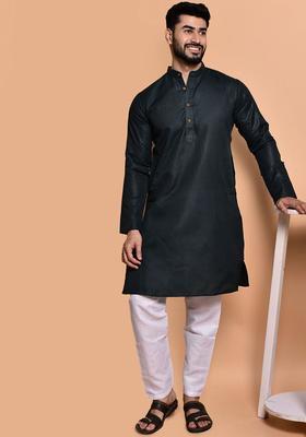 Green Solid Cotton Kurta Set For Men