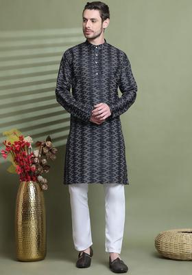 Black Printed Cotton Kurta Set For Men