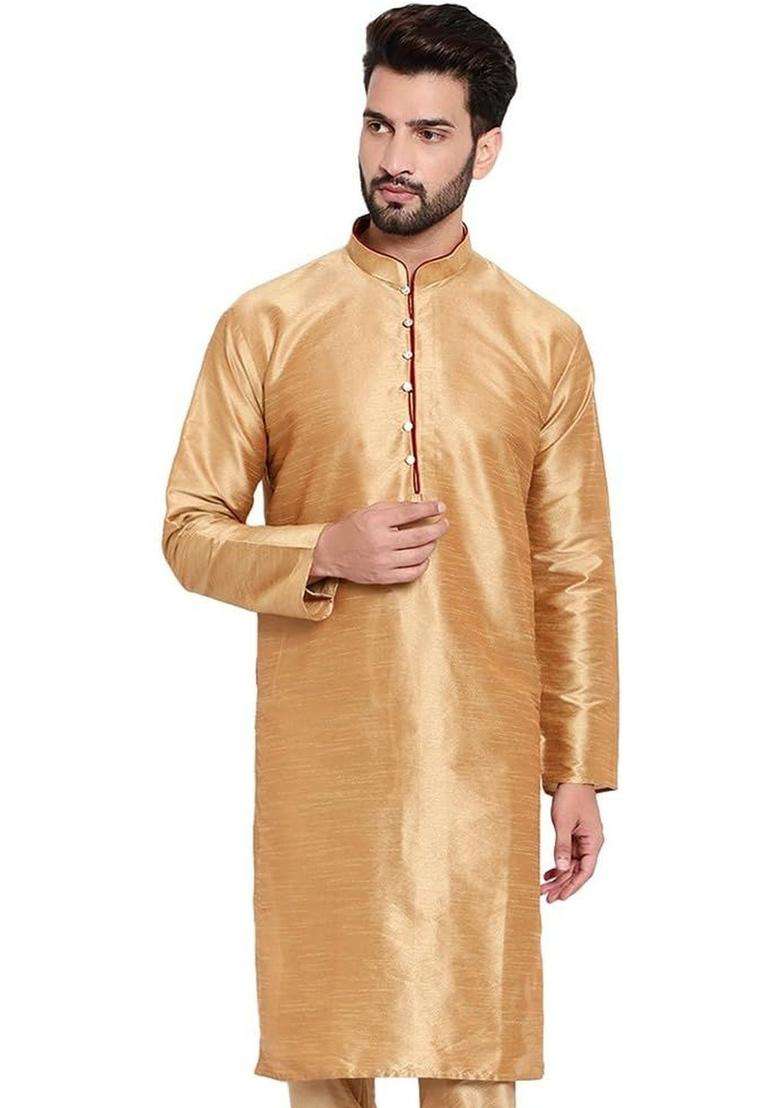 Gold Solid Silk Blend Kurta Set For Men - Indya