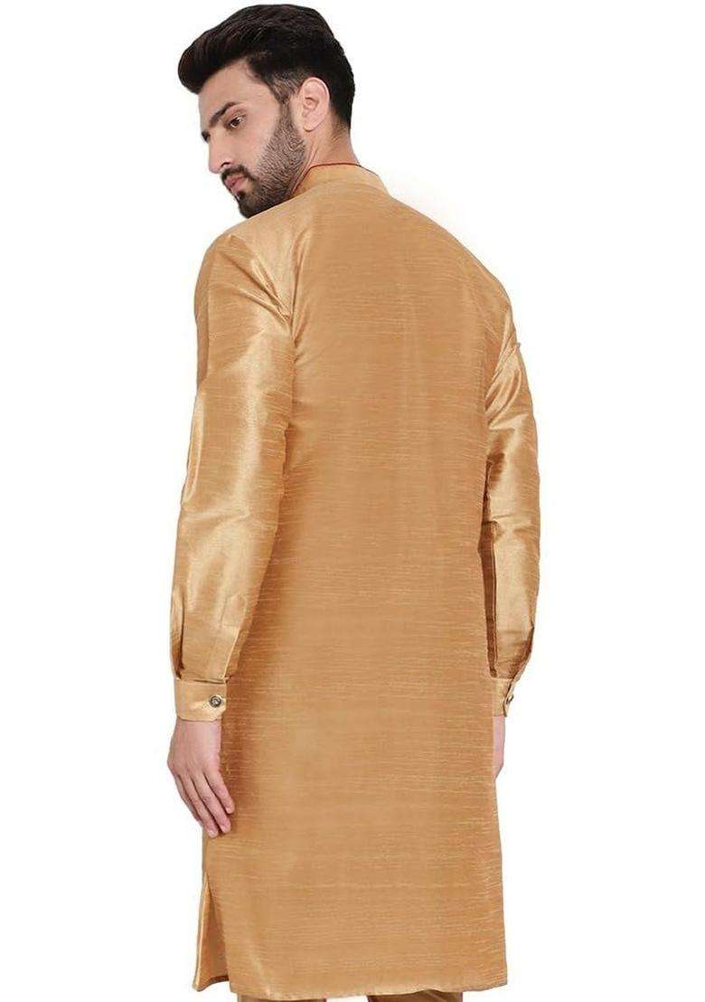 Gold Solid Silk Blend Kurta Set For Men - Indya