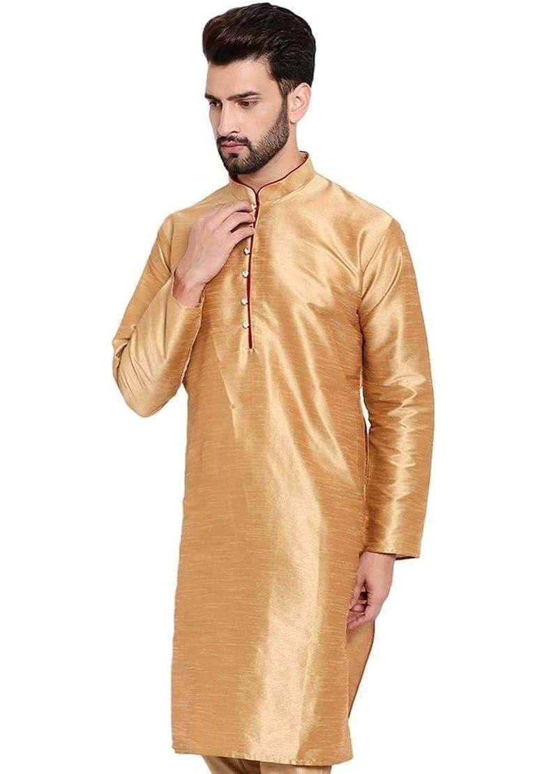 Gold Solid Silk Blend Kurta Set For Men - Indya