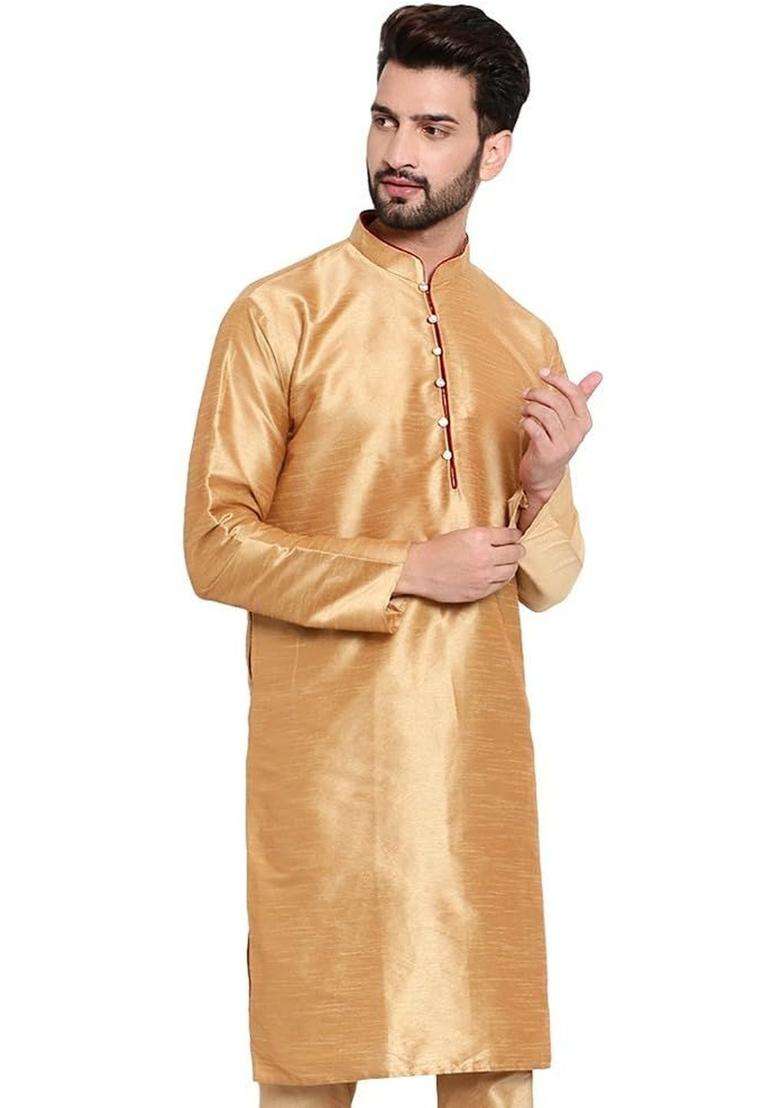 Gold Solid Silk Blend Kurta Set For Men - Indya