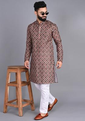 Brown Printed Cotton Kurta Set For Men