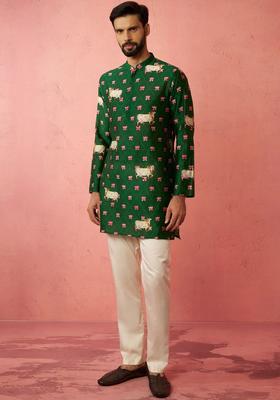 Green Printed Silk Kurta Set For Men