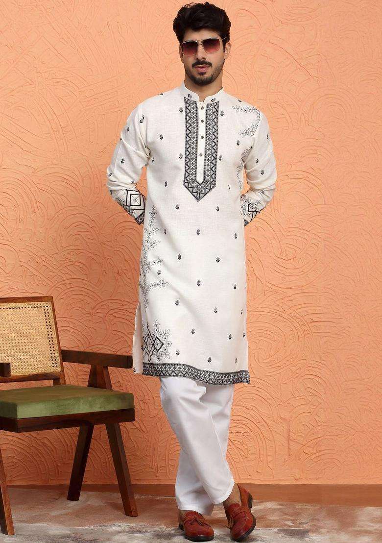 Off White Embroidered Cotton Kurta Set For Men - Indya