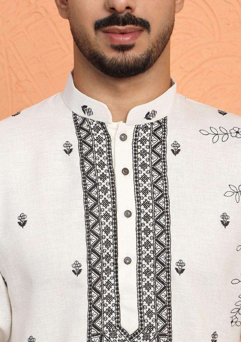 Off White Embroidered Cotton Kurta Set For Men - Indya