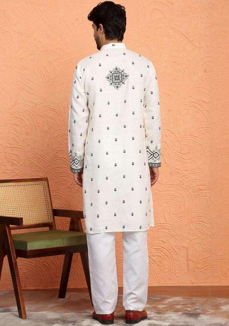 Off White Embroidered Cotton Kurta Set For Men - Indya