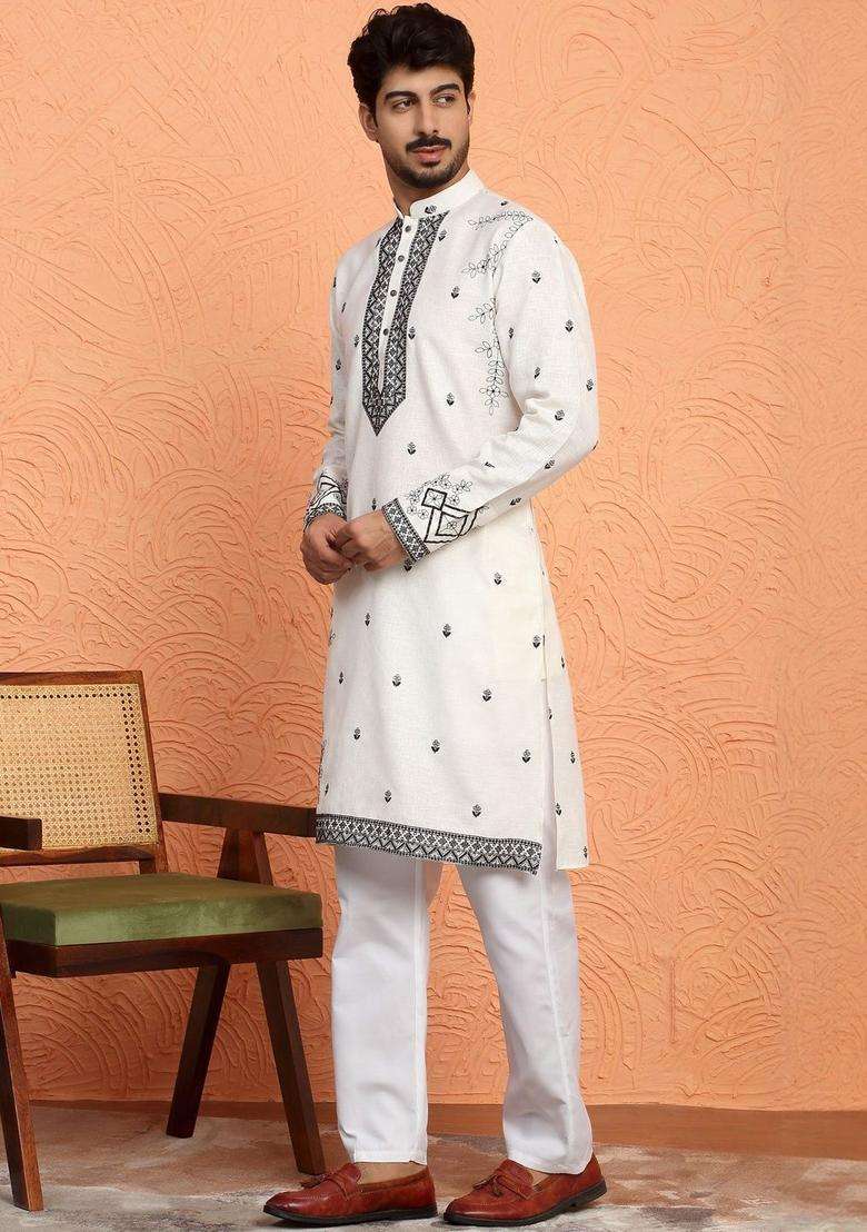 Off White Embroidered Cotton Kurta Set For Men - Indya