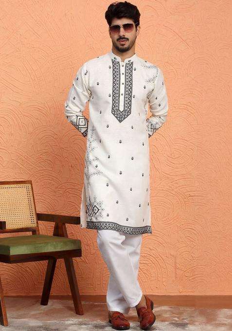 Off White Embroidered Cotton Kurta Set For Men