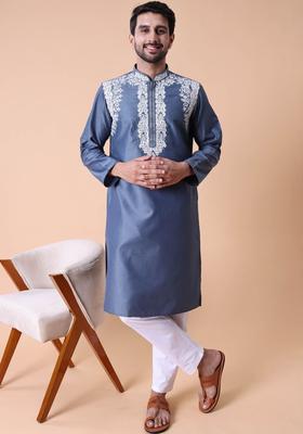Blue Embroidered Silk Kurta Set For Men