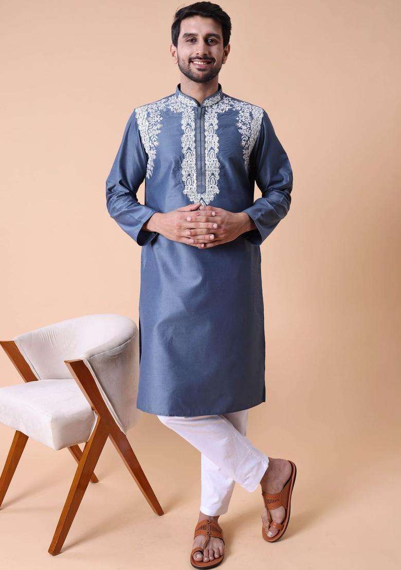 Blue Embroidered Silk Blend Kurta Set For Men - Indya