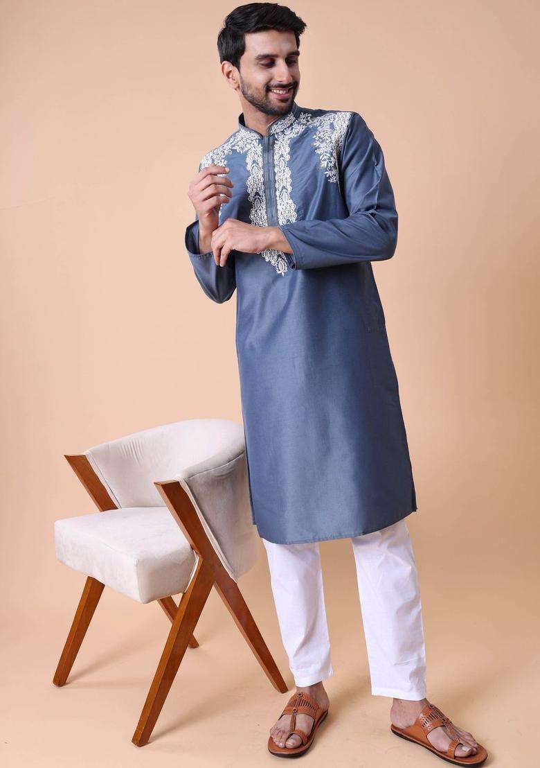 Blue Embroidered Silk Blend Kurta Set For Men - Indya