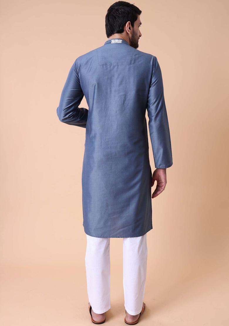 Blue Embroidered Silk Blend Kurta Set For Men - Indya