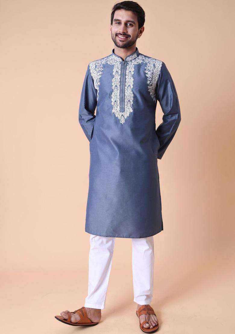 Blue Embroidered Silk Blend Kurta Set For Men - Indya