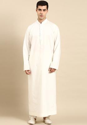 White Solid Cotton Kurta Set For Men
