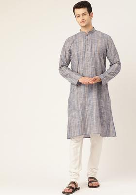 Blue Woven Design Cotton Kurta Set For Men
