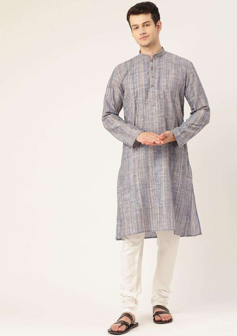 Blue Woven Design Cotton Kurta Set For Men - Indya