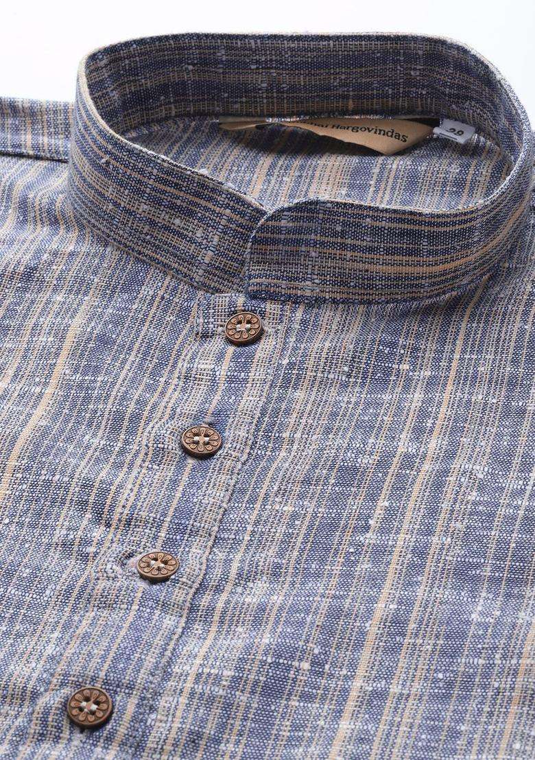 Blue Woven Design Cotton Kurta Set For Men - Indya