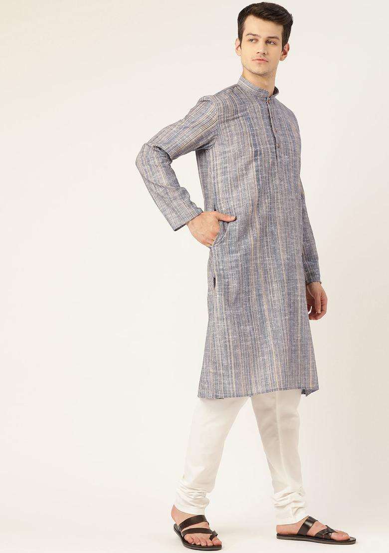 Blue Woven Design Cotton Kurta Set For Men - Indya