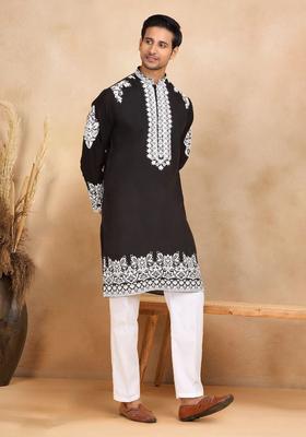 Black Embroidered Silk Kurta Set For Men