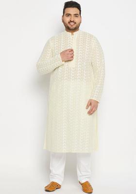Yellow Embroidered Cotton Kurta Set For Men