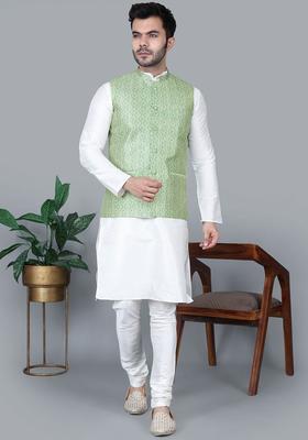 Cream Solid Silk Blend Kurta Set For Men