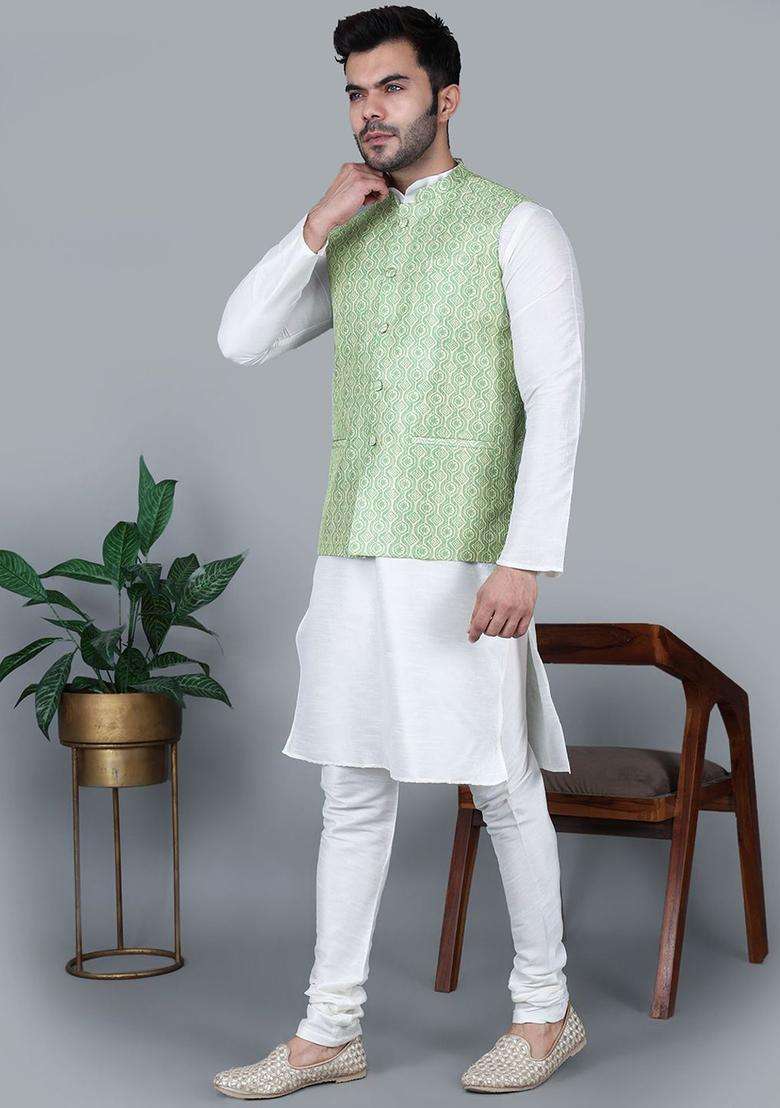 Cream Solid Silk Blend Kurta Set For Men - Indya