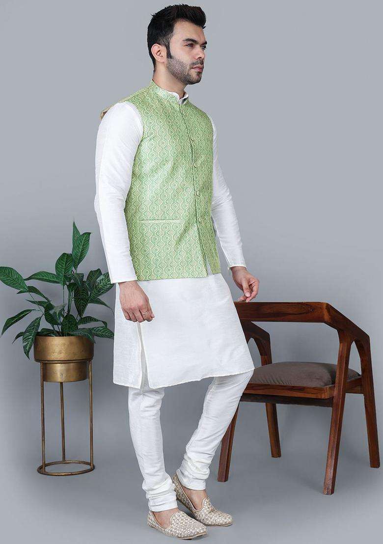 Cream Solid Silk Blend Kurta Set For Men - Indya