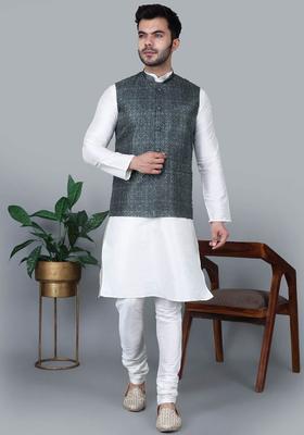White Solid Silk Kurta Set For Men