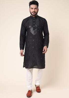 Black Embroidered Silk Kurta Set For Men