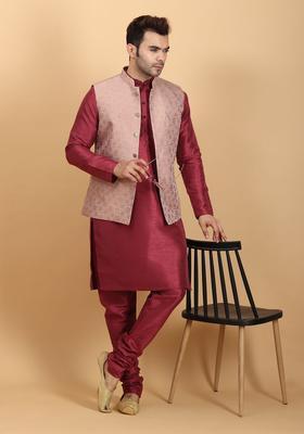 Red Solid Silk Kurta Set For Men