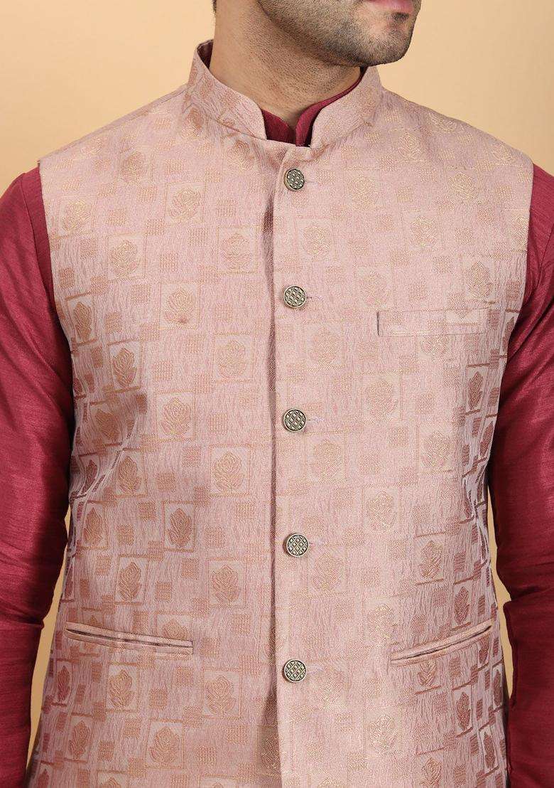 Red Solid Silk Blend Kurta Set For Men - Indya