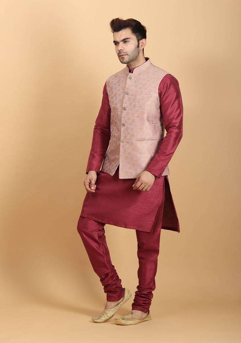 Red Solid Silk Blend Kurta Set For Men - Indya