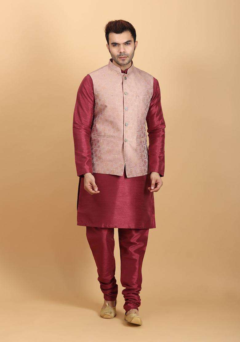 Red Solid Silk Blend Kurta Set For Men - Indya