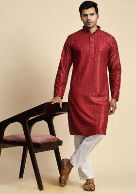 Maroon Embroidered Cotton Kurta Set For Men