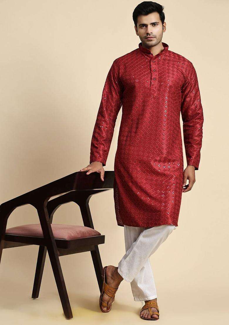 Maroon Embroidered Cotton Kurta Set For Men - Indya