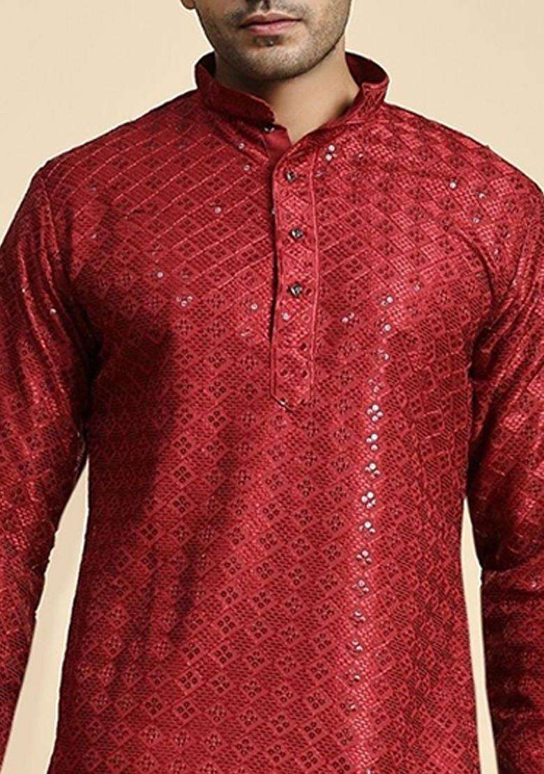 Maroon Embroidered Cotton Kurta Set For Men - Indya