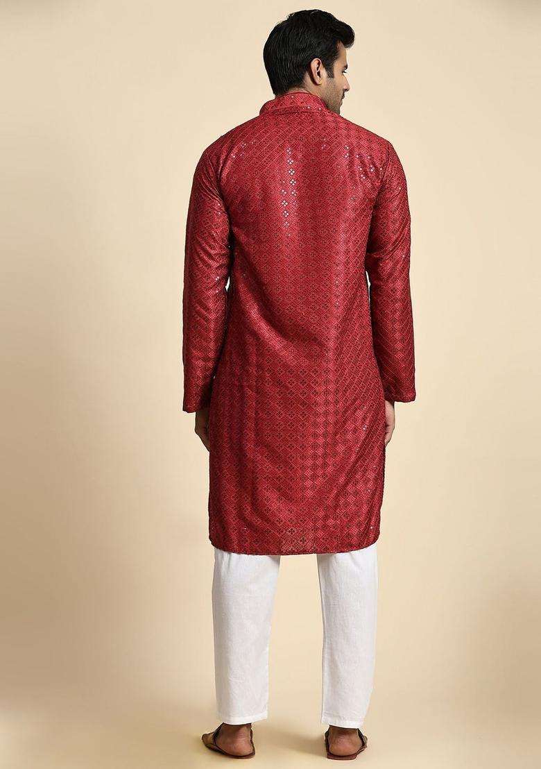 Maroon Embroidered Cotton Kurta Set For Men - Indya