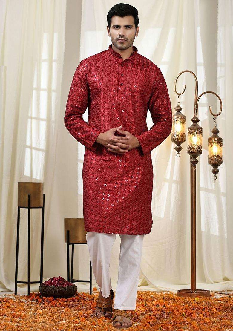Maroon Embroidered Cotton Kurta Set For Men - Indya