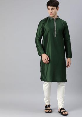 Green Solid Silk Kurta Set For Men