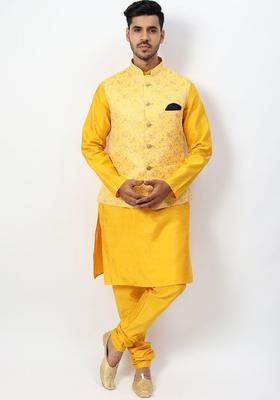 Yellow Solid Silk Kurta Set For Men