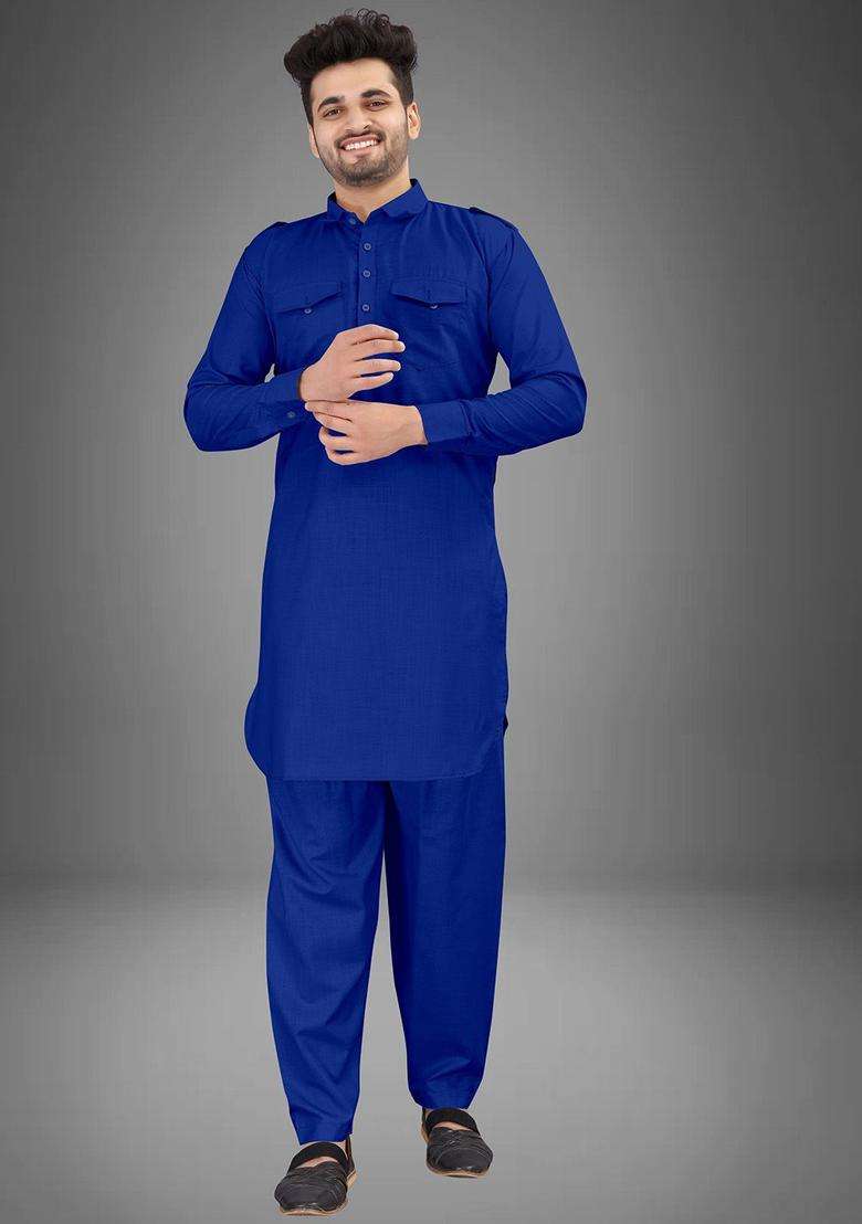 Blue Solid Cotton Kurta Set For Men - Indya