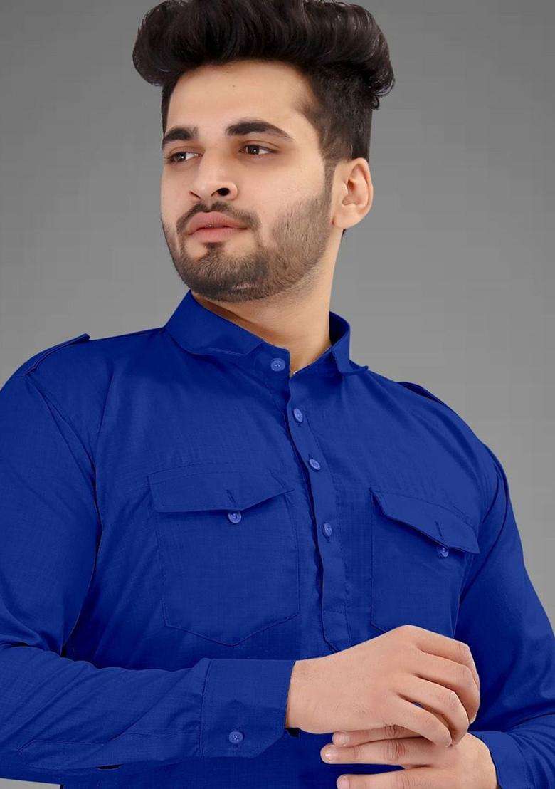 Blue Solid Cotton Kurta Set For Men - Indya