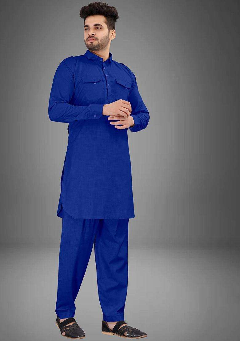 Blue Solid Cotton Kurta Set For Men - Indya