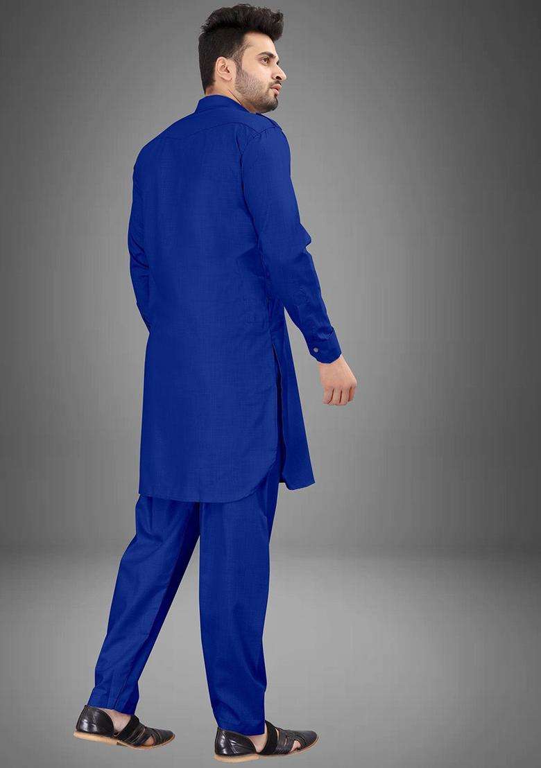 Blue Solid Cotton Kurta Set For Men - Indya