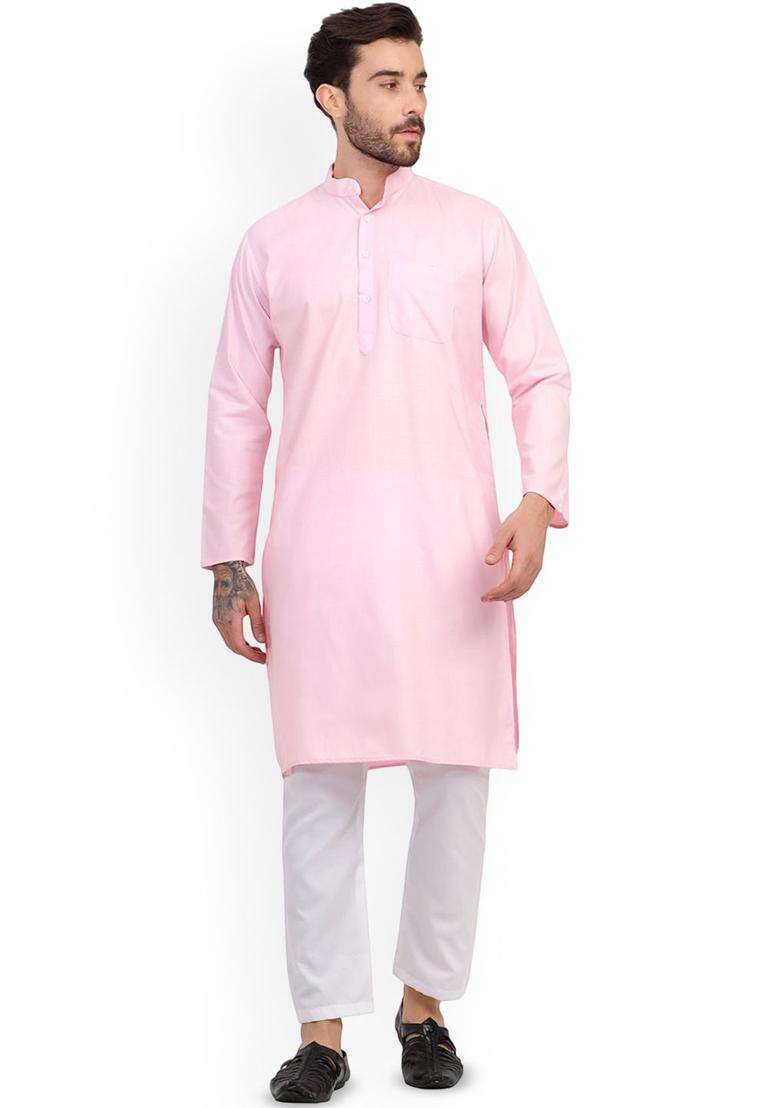 Pink Solid Cotton Kurta Set For Men - Indya
